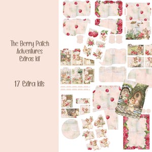 Puede incluir: Un conjunto de kits de manualidades en papel con temática de bayas y ratones. Los kits incluyen varias formas y tamaños, con ilustraciones de ratones, bayas y elementos florales. El texto "The Berry Patch Adventures Extras kit" y "17 Extra kits" es visible.