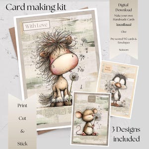 May include: Card making kit with three designs. The main card features a whimsical horse illustration with the text "With Love." Additional cards include a penguin and a mouse. The kit includes pre-scored 12.7 x 17.8 cm cards and envelopes.