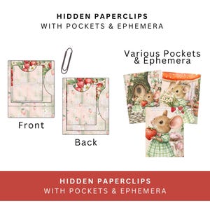 Puede incluir: Imagen que presenta clips de papel ocultos con bolsillos y efímeras. El diseño incluye una vista frontal y posterior de un soporte para clips de papel con un patrón de fresas. Imágenes adicionales muestran ilustraciones caprichosas de ratones con fresas.