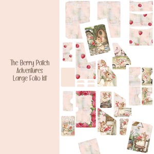 May include: A large folio kit with a whimsical theme, featuring illustrations of mice, berries, and quaint cottages. The kit includes various paper elements with a soft, vintage aesthetic, perfect for crafting and scrapbooking projects. The text "The Berry Patch Adventures Large Folio kit" is visible.