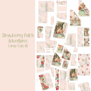 Puede incluir: Una colección de efímeras de papel para manualidades, con temática de fresas y ratones. Las piezas incluyen páginas de diario, bolsillos y etiquetas con ilustraciones de ratones, fresas y elementos florales. El texto "Strawberry Patch Adventures Large Folio kit" es visible.