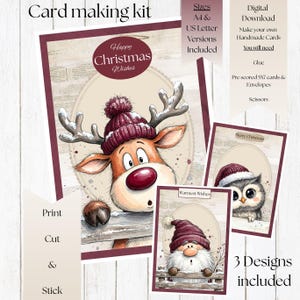 Op de afbeelding: Een digitale kaartmaakset met drie kerstontwerpen: een rendier met een bordeauxrode muts, een uil met een kerstmuts en een kabouter met een witte baard. Tekst: Happy Christmas Wishes, Warmest Wishes, Merry Christmas. Inclusief A4- en US Letter-formaten.