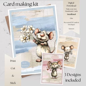 Op de afbeelding: Een digitale kaartmaakset met drie ontwerpen van een muis die een boeket madeliefjes vasthoudt. De tekst bevat Card making kit, Digital Download, You will need, Glue, Pre scored 5x7 cards & Envelopes, Scissors, Print, Cut & Stick, Best Wishes, Just Because en 3 Designs included.