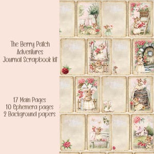Puede incluir: Un kit de álbum de recortes de diario titulado "The Berry Patch Adventures". Las páginas presentan ilustraciones de ratones con ropa vintage, rodeados de bayas y flores. El kit incluye 17 páginas principales, 10 páginas de efemérides y 2 papeles de fondo.