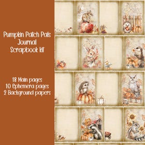 Puede incluir: Un kit de diario y álbum de recortes titulado "Pumpkin Patch Pals". El kit incluye 18 páginas principales, 10 páginas de efemérides y 2 papeles de fondo. Las páginas presentan ilustraciones de animales otoñales, calabazas y follaje de otoño.