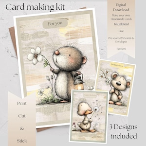 May include: Card making kit with three designs. The main card features a cute mouse holding a flower and a lantern. The kit includes pre-scored 5x7 inch cards and envelopes. Text includes "For you", "Happy Birthday", and "Thinking of you".