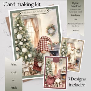 May include: A Christmas card making kit with three designs. The cards feature watercolour illustrations of gnomes, Christmas trees, and festive scenes. The kit includes instructions to print, cut, and stick the cards. Text on the cards reads "With Love at Christmas" and "Joy to you and yours."