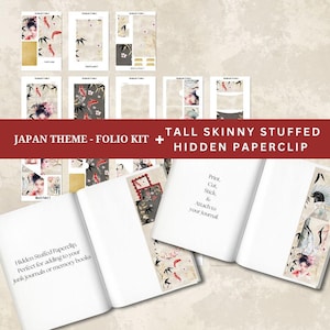 Op de afbeelding: Een Japan-thema folio kit en een set lange, smalle, gevulde verborgen paperclips met bedrukte vellen met koikarpers, bamboe en portretillustraties. De tekst luidt: JAPAN THEME - FOLIO KIT + TALL SKINNY STUFFED HIDDEN PAPERCLIP.