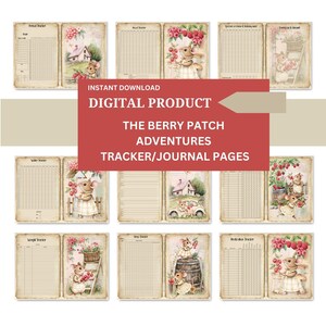 May include: Digital printable journal pages with a vintage aesthetic. The pages feature illustrations of mice, houses, and berry patches. Text on the image reads "Instant Download Digital Product The Berry Patch Adventures Tracker/Journal Pages."