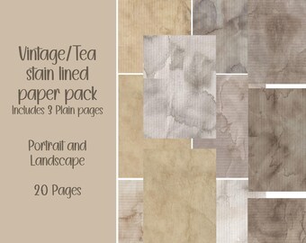 Vintage Tea Stain Lined paper pack Scrapbooking, Ephemera, Journal, Digital Download