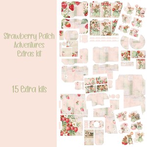 Puede incluir: Colección de efímeras de papel con temática de fresas. Los diseños incluyen fresas, ratones y elementos florales. El texto dice "Strawberry Patch Adventures Extras kit" y "15 Extra kits". La paleta de colores es rosa, verde y rojo.