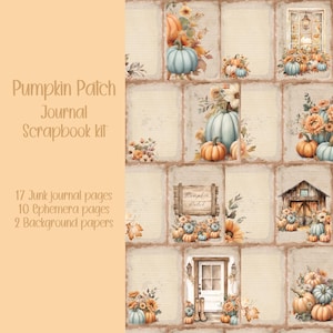 Può includere: Un kit di scrapbook a tema autunnale. Il kit include 17 pagine di diario spazzatura, 10 pagine di efemeridi e 2 carte di sfondo. Le pagine presentano illustrazioni di zucche, fiori ed elementi rustici. Il testo "Pumpkin Patch Journal Scrapbook kit" è visibile.