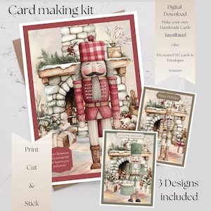 Pode incluir: Um kit de criação de cartões com uma ilustração em aquarela de um soldado quebra-nozes em uniforme vermelho. O kit inclui três modelos de cartões, cartões pré-marcados de 12,7 x 17,8 cm, envelopes e instruções.
