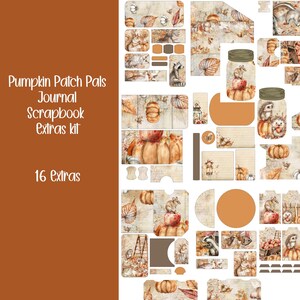 Könnte beinhalten: Eine Sammlung von Scrapbook-Extras mit Herbstthema. Das Set enthält verschiedene Papierausstiche mit Illustrationen von Kürbissen, Blättern, Eichhörnchen und anderen Herbstmotiven. Der Text "Pumpkin Patch Pals Journal Scrapbook Extras kit" ist sichtbar.