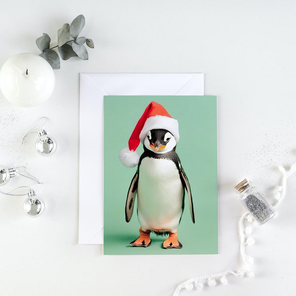 printable Christmas card penguin, instant digital download, merry Christmas card, animals in Santa hats, xmas pet pictures, zoo christmas