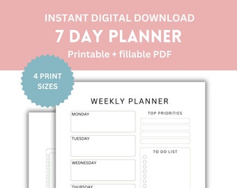 7 Day Weekly Planner Printable: Minimalist Fillable PDF (A4/A5/Letter)