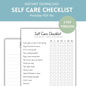 May include: A printable self-care checklist with a black and white floral border. The checklist includes daily tasks such as drinking water, exercising, and getting enough sleep. The checklist is designed to help people prioritise their well-being.