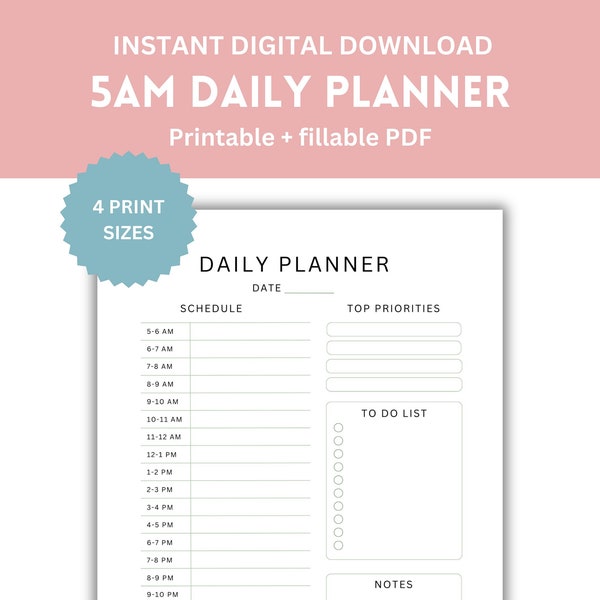5am Daily Planner Printable and Fillable PDF, basic planner, personal organisation, To Do List, Productivity Planner, A5/Half Size/A4/Letter