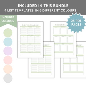 Puede incluir: Un conjunto de plantillas de listas imprimibles en seis colores diferentes: verde, azul, morado, rosa, melocot&oacute;n y gris. Las plantillas incluyen "The Everything List" y "Shopping List". Hay 24 p&aacute;ginas en total.