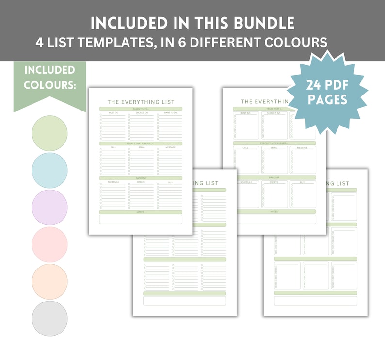 Puede incluir: Un conjunto de plantillas de listas imprimibles en seis colores diferentes: verde, azul, morado, rosa, melocot&oacute;n y gris. Las plantillas incluyen "The Everything List" y "Shopping List". Hay 24 p&aacute;ginas en total.