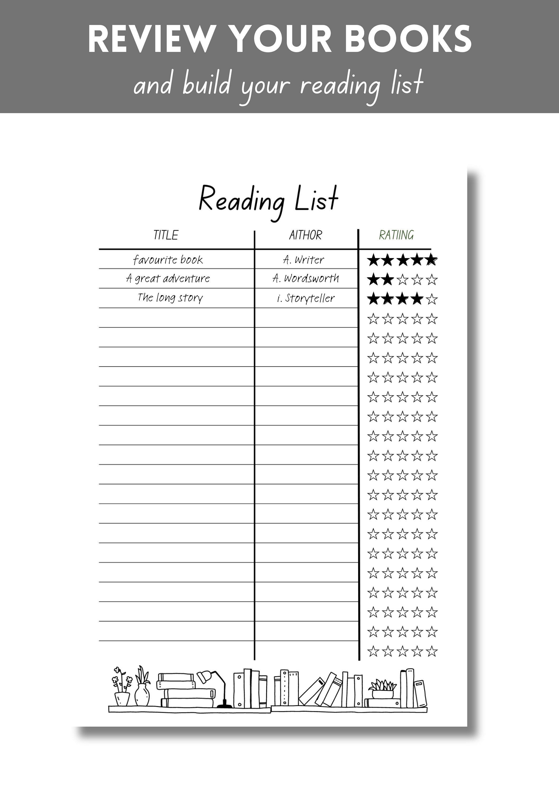 Book Review Reading List Printable and Fillable PDF Versions Kids
