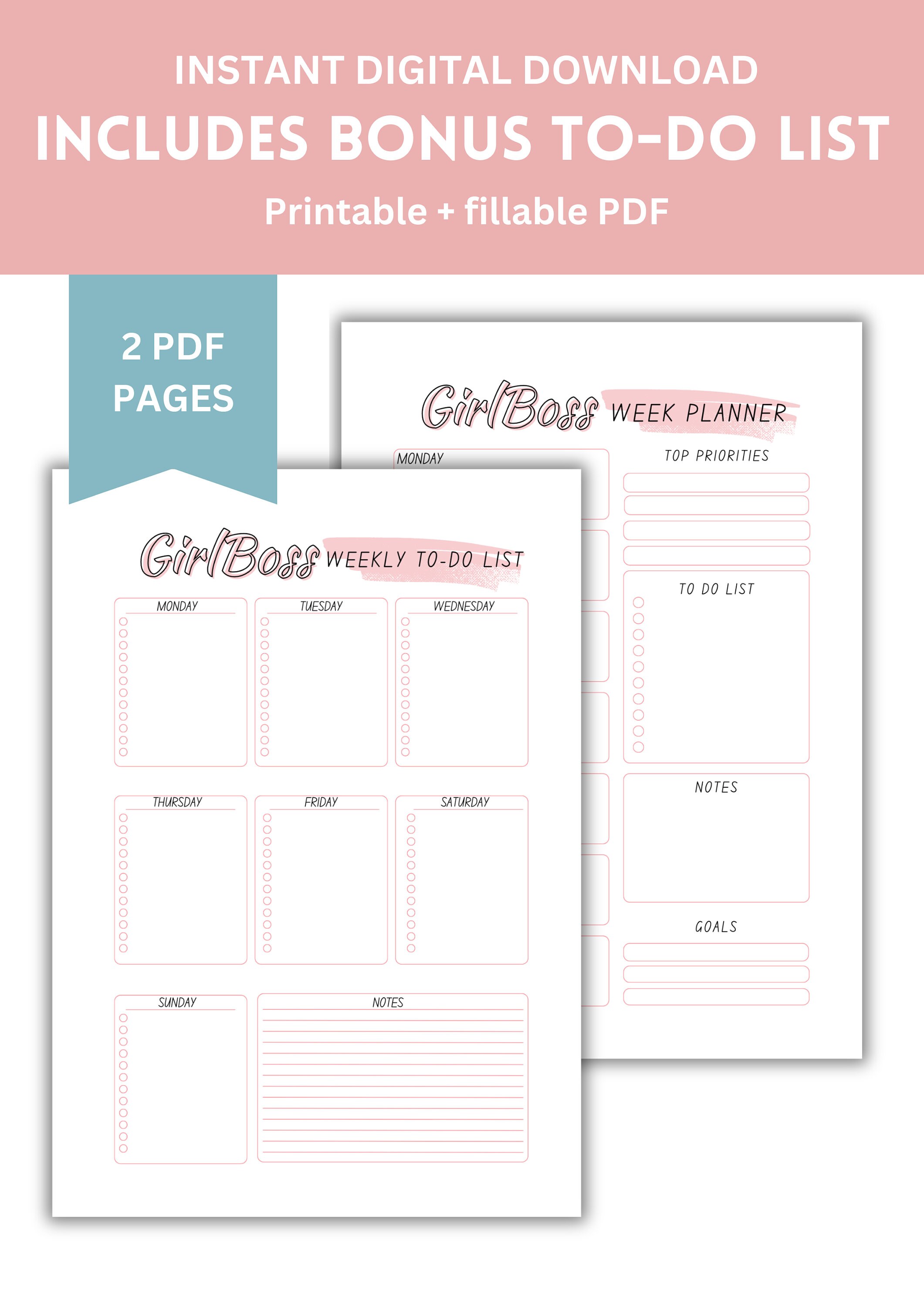 Girlboss 7 Day Planner Printable and Fillable PDF, Pink Weekly Planner ...