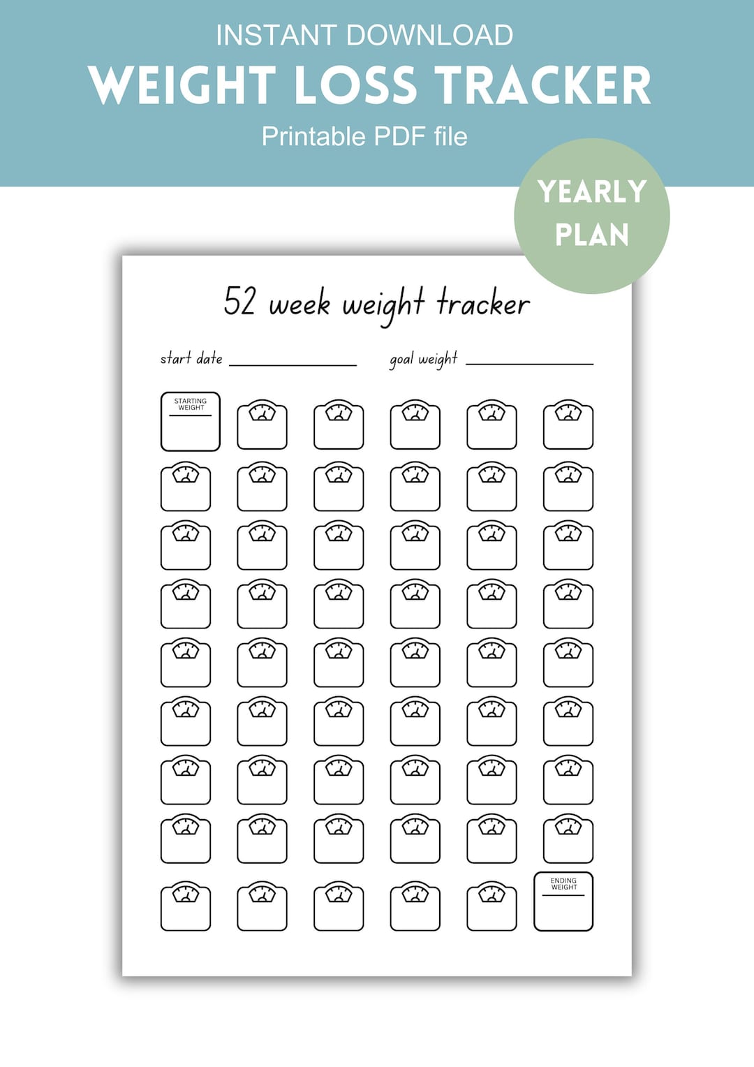 Weight Loss Tracker Printable, 52 Week Yearly Goal Overview, Instant ...