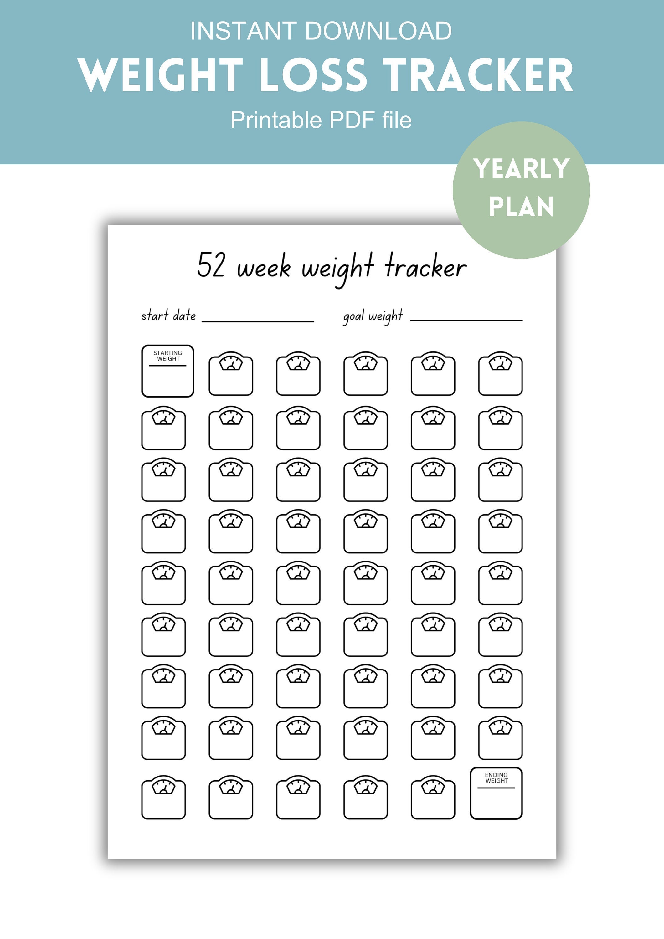 52 Week Weight Loss Tracker Printable: Yearly Goal Overview (PDF) - Etsy
