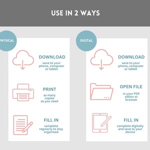 Puede incluir: Ilustraci&oacute;n que muestra dos formas de usar una lista de verificaci&oacute;n imprimible: f&iacute;sicamente descarg&aacute;ndola, imprimi&eacute;ndola y complet&aacute;ndola, o digitalmente descarg&aacute;ndola, abriendo el archivo y complet&aacute;ndola en una tableta.