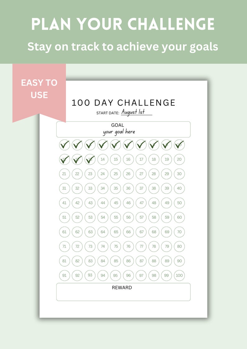 Checked Off Tracker 100 Day Challenge Tracker: Minimalist Goal Planner (printable PDF) - Etsy
