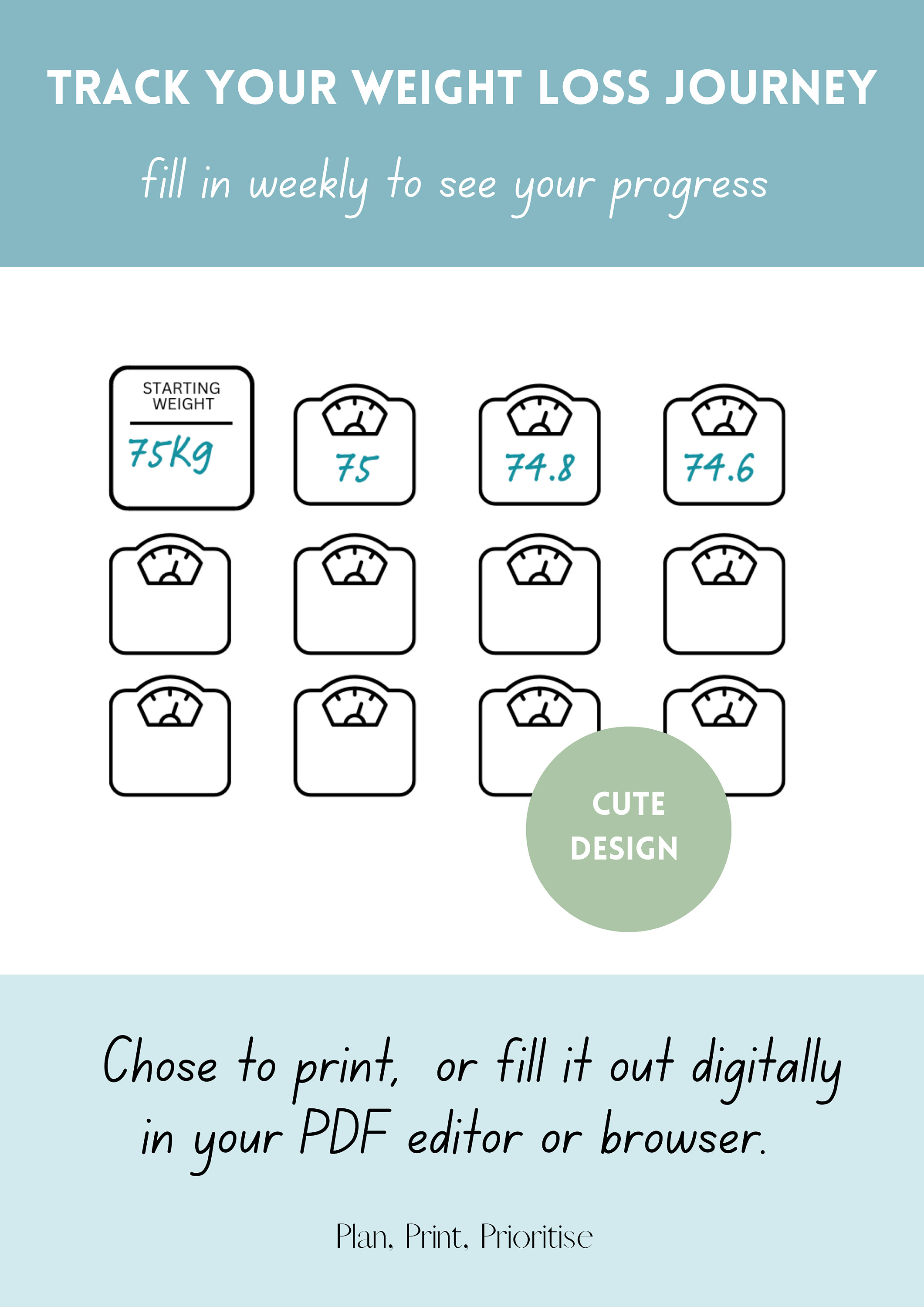 Weight Loss Tracker Printable, 52 Week Yearly Goal Overview, Instant ...