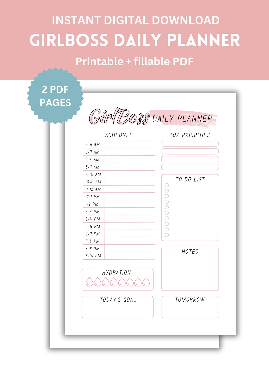 Girlboss Daily Planner Printable and Fillable PDF, Simple Planner, to ...