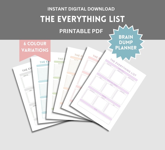 Everything List Brain Dump Printable PDF, Tasks List Template, Productivity Planner, priority task list, daily to-do lists