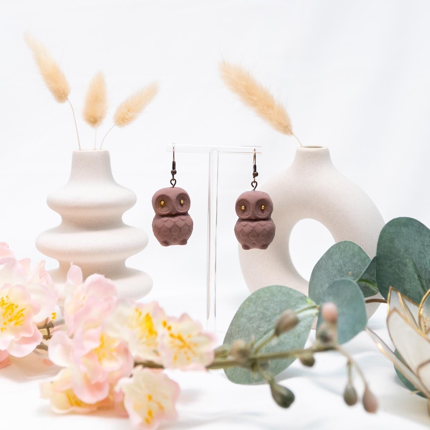 Mocha Mousse Owl Hollow Clay Earrings - Jewelry for women