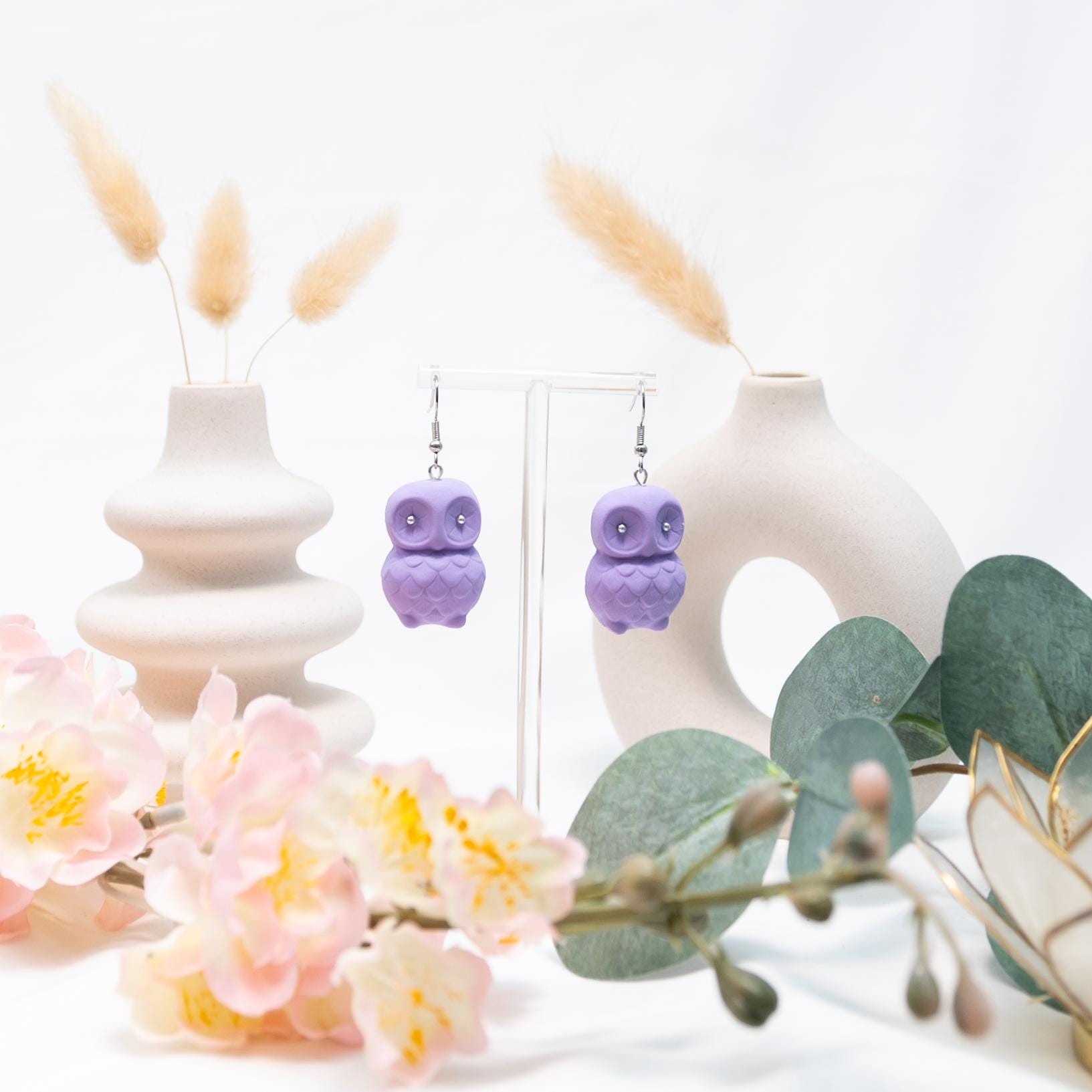 Violet Owl Hollow Clay Earrings - Jewelry for women