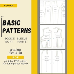 May include: A digital PDF pattern with the text "BASIC PATTERNS" for sewing bodices, sleeves, skirts, and pants. The pattern includes grading sizes 4-18 and is A4 home printer friendly. The brand name "NILOYAR" is visible.