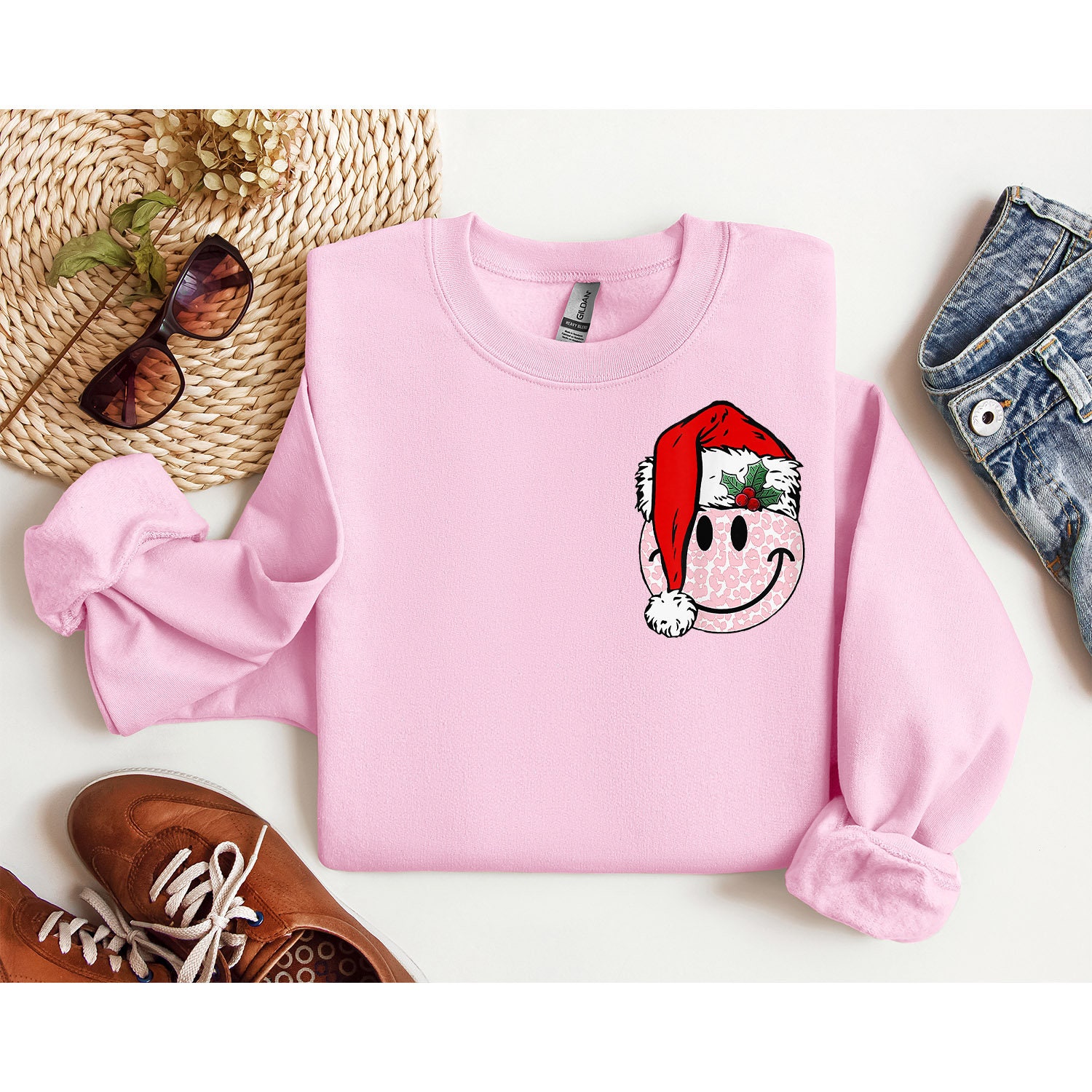 Smiley Face Merry Christmas Crewneck Sweatshirt Gift for Christmas 2024
