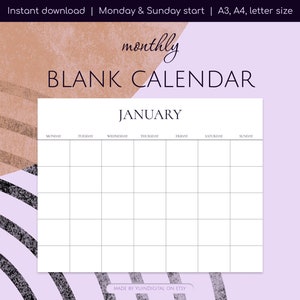 Monthly Blank Calendar Printable, Landscape, Modern Calendar Template, Desk Calendar, Monday Sunday Start, A3, A4, Letter size, PDF