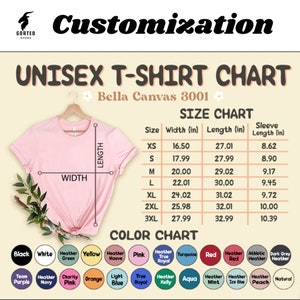 Pode incluir: Tabela de tamanhos de camiseta unissex com medidas em polegadas para Bella Canvas 3001. A tabela mostra a largura, o comprimento e o comprimento da manga para os tamanhos XS a 3XL. Uma tabela de cores mostra as diferentes cores dispon&iacute;veis para a camiseta.