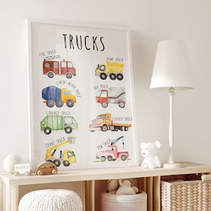 Trucks Nursery Print: Watercolor Transport Vehicles, Toddler Boy Room Decor (Digital Download)