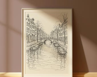 Amsterdam Canal Print: Vintage Dutch DECOR, Cityscape Pencil Art, Travel Poster, Netherlands home, Birthday Present (Digital Download)
