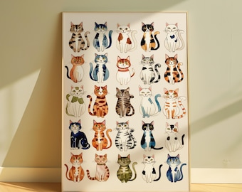 Funny Cat Breeds Art Print: Minimalist Cat Lover Gift, vet office decor, cat lady gift, funny animal art  (Digital Download)