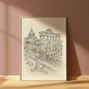Roman Forum Poster, Rome Wall Art, Italy Gift, Italy Printable, Rome Painting, Wall Decor, black and white line art Print, Travel italian