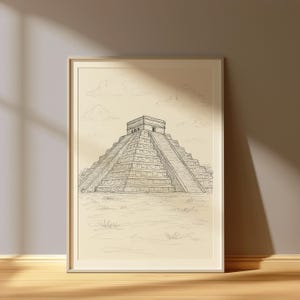 Chichen Itza Travel Poster, Mexico Wall Art Print, Chichen Itza line art Illustration,Printable Mexico vintage Home Decor, DIGITAL DOWNLOAD