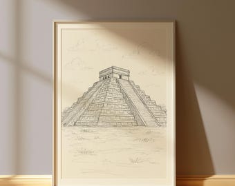 Chichen Itza Travel Poster, Mexico Wall Art Print, Chichen Itza line art Illustration,Printable Mexico vintage Home Decor, DIGITAL DOWNLOAD