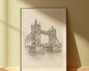 Vintage Tower Bridge Sketch: London Antique Line Art Print (Digital Download)