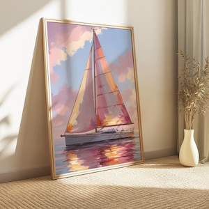 Pink Sailboat Painting | Sunset Art Print | Coastal Wall Decor | Beach House Printable | Summer Ocean Landscape | Seashore Digital Download
