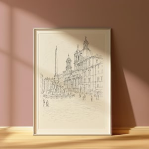 Piazza Navona Poster, Rome Wall Art, Italy Gift, Italy  Printable, Rome Painting, Wall Decor, black and white line art Print, Travel italian