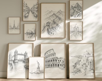 Famous Landmarks Printable Wall Art Set of 10 | Travel Sketch Prints Bundle | Black & White Gallery Wall - digital download