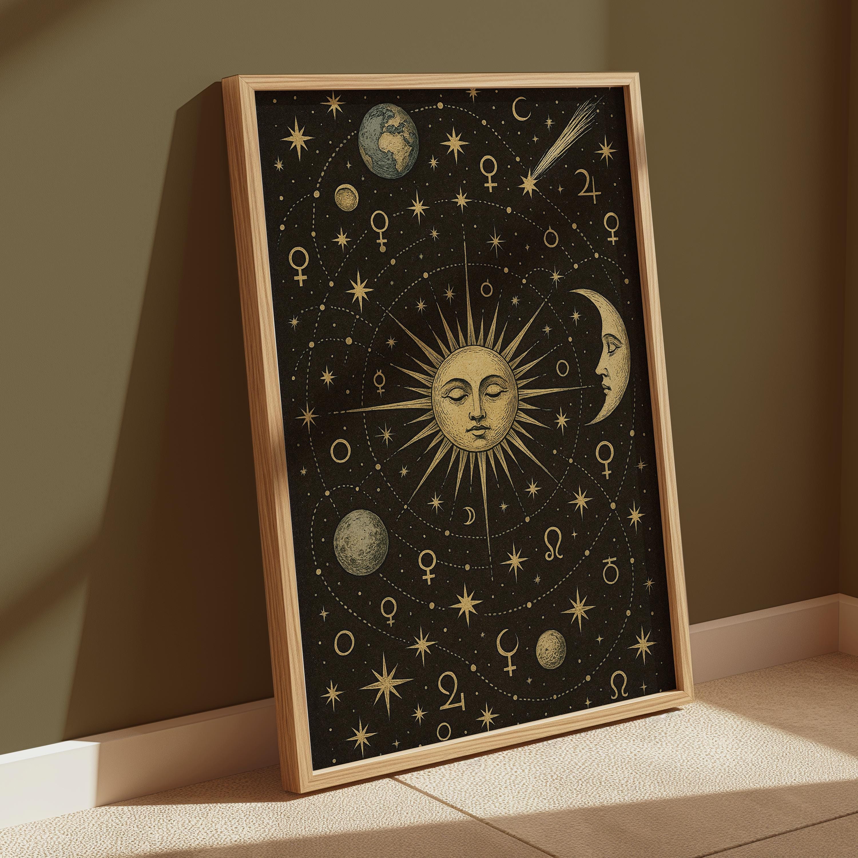 Boho Celestial Art Print | Sun Moon Stars Poster | Mystical Night Sky ...